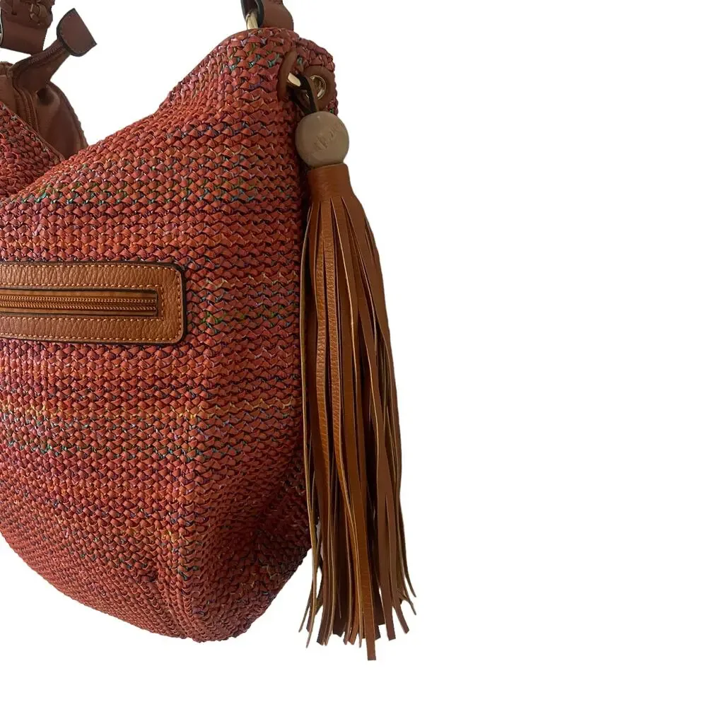 Sondra Roberts Squared Boho Hobo Bag Brown & Orange Multicolor Tassel Braided